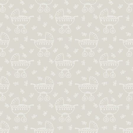 Seamless pattern with pram and flowers vector backgroundのイラスト素材