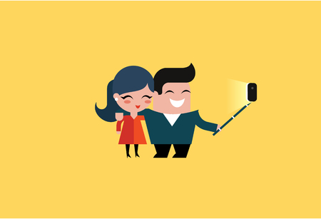 vector couple making a selfie flat illustrationのイラスト素材