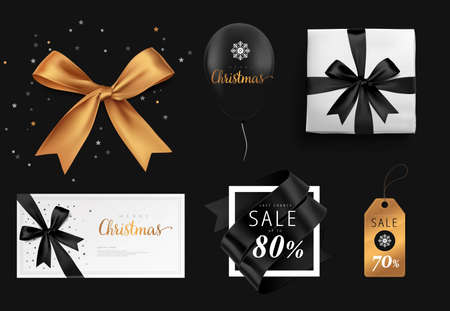 vector christmas golden and black bow gift setのイラスト素材
