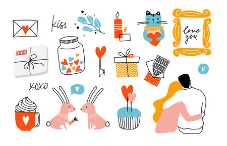 doodle style vector romance valentines illustartion setのイラスト素材