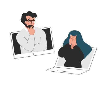 a young woman crying online therapist appointmentのイラスト素材