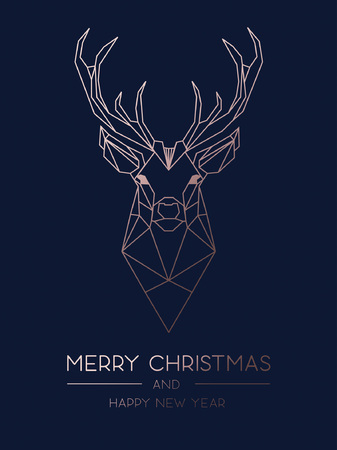 Merry Christmas minimalistic greeting card design with rose gold geometric deer. Elegance design template for Christmas greeting card, poster or party invitation. Vector illustration.のイラスト素材