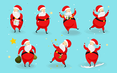 Set of cute Santa characters isolated on blue background. Christmas cartoon Santa design for stickers, greeting cards, invitations etc.のイラスト素材