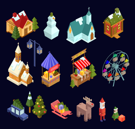 Christmas market and city isometric set isolated on navy blue background. Vector illustrationのイラスト素材