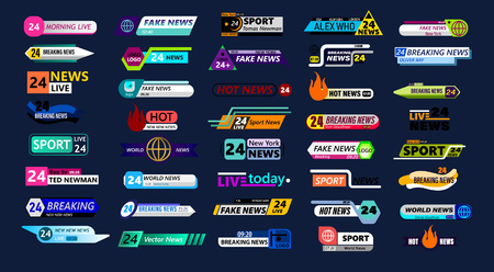 Big set of news bar isolated on blue background. Live, sport, fake, online news etc. Vector illustrationのイラスト素材