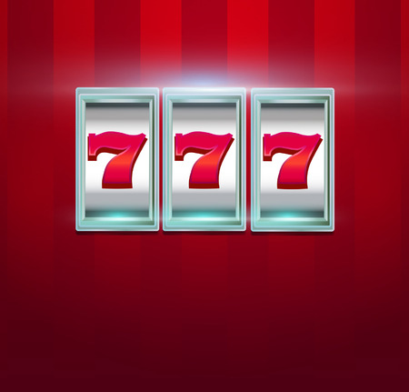 Retro casino machine with lucky seven signs on red background. Slot machine with jackpot. Vector illustration.のイラスト素材