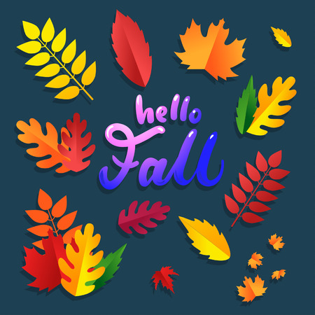 Colorful autumn leaves set with brignt lettering inscription "hello fall" isolated on blue background. Cute fall leaves for decorations, flyers, posters etc.のイラスト素材