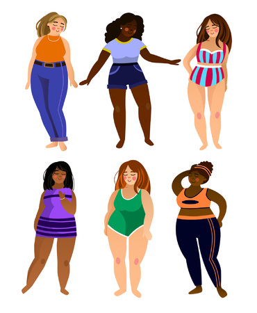Set of multiracial plus size women models with different types of size and clothes. Beatiful women isolated on white background. Body positive vector illustration.のイラスト素材