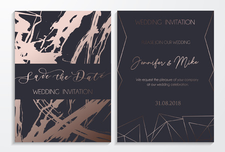 Save the date wedding invitation cards on dark and platinum textured background with lettering and geometric lines. Elegant design template for  wedding invitation.のイラスト素材