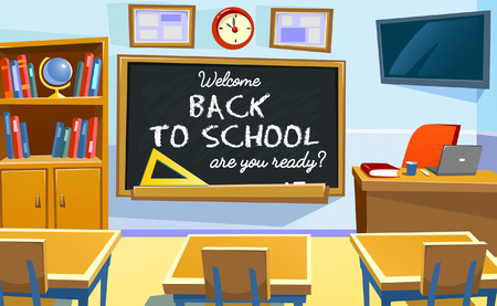 Welcome back to school poster with empty classroom. Cartoon school illustration.のイラスト素材