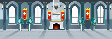 Cartoon castle hall with knights, fireplace and windows in big room. Vector illustrationのイラスト素材