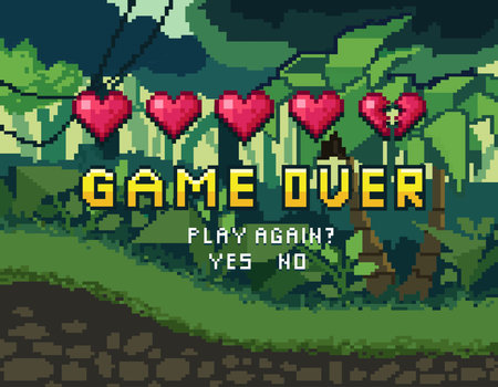 Game over pixel art design with tropical background and hearts. Pixel inscription "play again?" with jungle background for games, ui, posters, etc.のイラスト素材