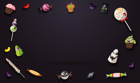 Sweet Halloween orange background with flying candies and empty place for text. Design template for sale banner, tag, gift card, poster etc. Vector illustrationのイラスト素材