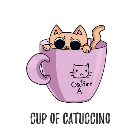 Catucchino coffee cute illustration with cat sitting in the pink mug. Vector illustrationのイラスト素材