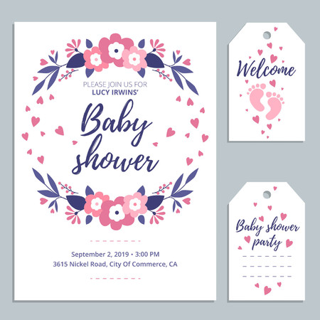 Welcome Baby cute card invitation with lettering and baby footprints. Baby shower card design. Vector illustrationのイラスト素材