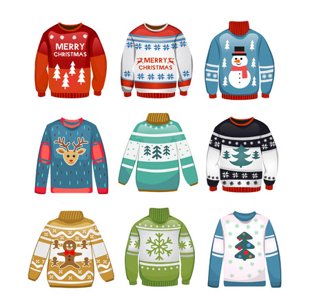 Ugly sweaters set. Christmas sweaters isolated on white background. Vector illustrationのイラスト素材