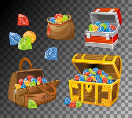 Gemstone and crystal chests set on transparent background. Cartoon money chests for games, books etc. Vector illustrationï»¿のイラスト素材