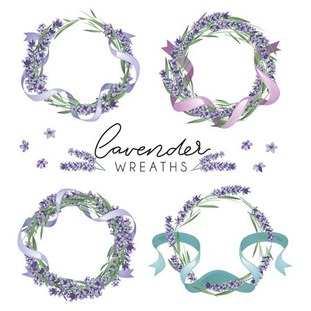 Set of cute lavender wreaths. Provence style floral design. Vector lavender flowers isolated on white backgroundのイラスト素材
