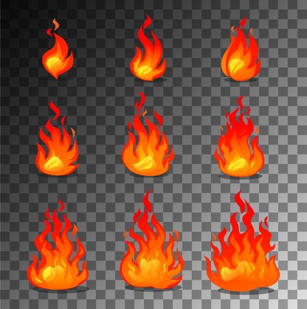 Cartoon fire animation design on transparent background. Vector fireplace illustration for animation, games etc.のイラスト素材