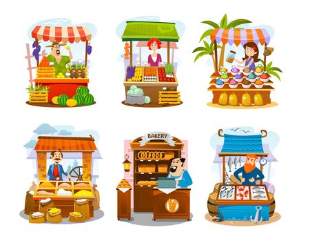 Cartoon street shops set. Fruits, vegetables, spices, grains, seafood and bakery markets. Vector local business illustrationのイラスト素材