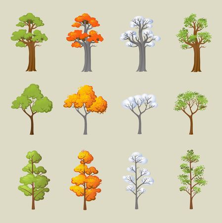 Set of different trees with seasonal design. Cartoon trees in snow and leaves. Vector illustrationのイラスト素材