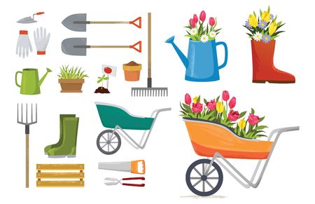 Set of colorful spring elements and decorations for garden. Vector spring cartoon setのイラスト素材