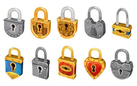 Vector lock set isolated on white background for security protection. Vector locking mechanism icons for web design, games, ui, etc.のイラスト素材