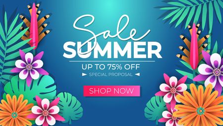 Summer sale tropical banner design template with leaves and flowers. Summer discounts. Seasonal clearance banner design. Vector illustrationのイラスト素材