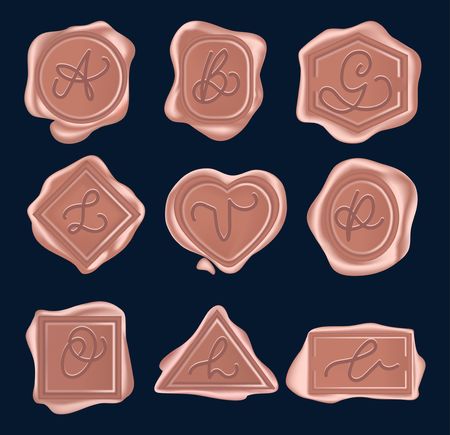 Set of rose gold wax seal stamps set with hand lettered signs. Vector vintage wax stamps isolated on navy blue background.のイラスト素材