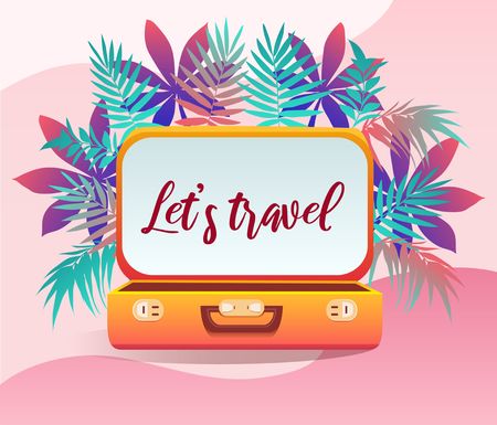 Summer tropical poster with inscription "let's travel". Trendy summer tropical design for party invitations, greeting cards. Vector summer illustrationのイラスト素材