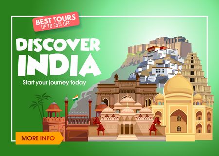 DIscover India travel banner. Trip to India design concept. India travel illustration. India Travel promo banner. Vector India destinations.のイラスト素材