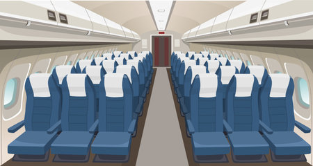 Airplane interior design. Passenger airplane seats, portholes and lights. Aircraft salon indoor interior. Airplane vector interior illustrationのイラスト素材