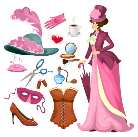 Victorian lady fashion collection in cartoon style. Vintage clothing set corset,shoes, hat, perfume, umbrella, sewing kit, cosmetics etc. Vintage women's fashion accessories. Vector cartoon illustrationのイラスト素材