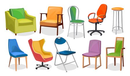 Modern chair furniture collection. Comfortable furniture for apartment interior or office. Colorful cartoon chairs set isolated on white background. Vector illustrationのイラスト素材