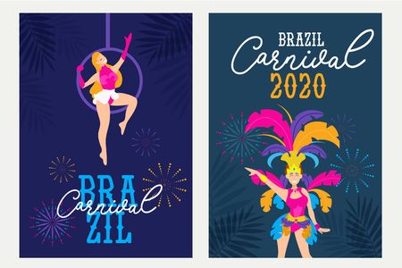 Carnival posters set design template.Brazil festival colorful greeting card or invitation. Carnaval Concept with women in festive costumes and fireworks. Vector carnival illustration.のイラスト素材