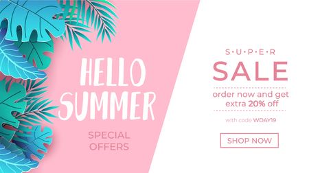 Summer sale tropical banner. Hello summer lettering with paper exotic leaves and sale promotion text. Vector sale illustration templateのイラスト素材