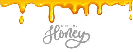 Dripping honey background with lettering inscription. Cartoon honey isolated on white background for cards, packaging etc. Vector honey illustrationのイラスト素材