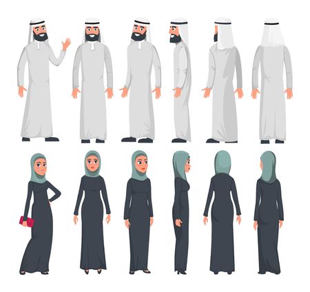 Muslim arab characters in flat style isolated on white background. Set of Arab man and women with different emotions and poses. Arab muslim couple front, rear, side view. Vector illustrationのイラスト素材