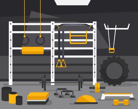Gym of fitness center interior design in flat style with barbell, plates, medicine ball, kettlebell. power racks, rigs etc Vector Gym Equipment for crossfit.のイラスト素材