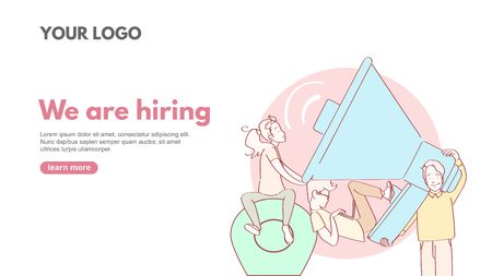 We are hiring line art web banner concept with people. Recruitment advertising template.Modern line art design concept of web page. Vector illustrationのイラスト素材