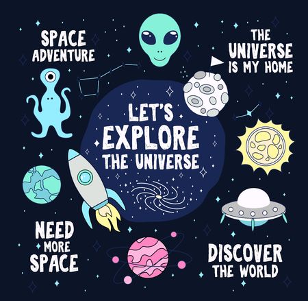 Colorful space exploration set. Vector space elements isolated on blue background Vector futuristic space prints.のイラスト素材