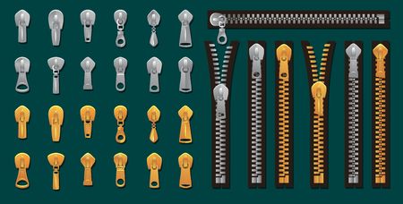 Golden and silver zippers and fasteners set. Vector Dye-to-Match Zippers for fashion design, prints etc. Cartoon pullers accessories for clothing, bags, shoes etc. Vector zippers collectionのイラスト素材