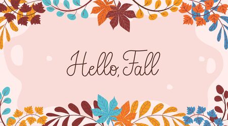 Autumn background with leaves and lettering hello fall. Fall vector background in trendy style. Seasonal banner or greeting card for autumn discounts, promotions or invitation.のイラスト素材