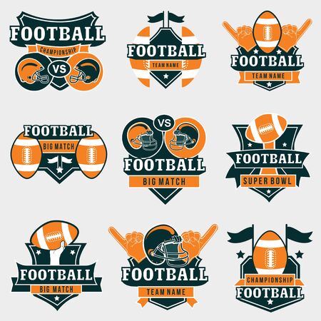 American football   badges collection. Vector football  emblem in orange and dark green colors for championships, uniform, stickers and football fan supplies.のイラスト素材