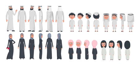 Arab muslim family characters isolated on white background. Muslim husband, wife and children wearing arabic clothing front, rear, side view. Vector illustration in flat style.のイラスト素材