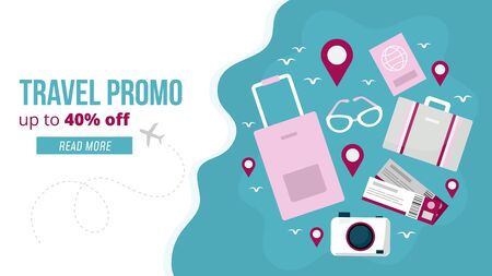Travel promo banner vector illustration. Webpage template with profitable proposition of discount up to 40 percent, camera, tickets, location pin, luggage and read more button. Tourism conceptのイラスト素材