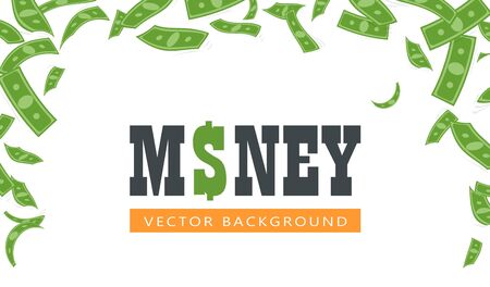 Flying green banknotes banner vector illustration. Frame with big amount of floating money on white background flat style design. Money rain concept. Place for textのイラスト素材
