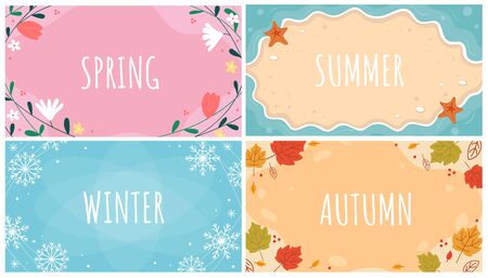 Beautiful natural seasonal backgrounds set vector illustration. Spring, summer, autumn, winter templates with inscriptions and orange, yellow leaves, blue snowflakes and flowers flat style designのイラスト素材