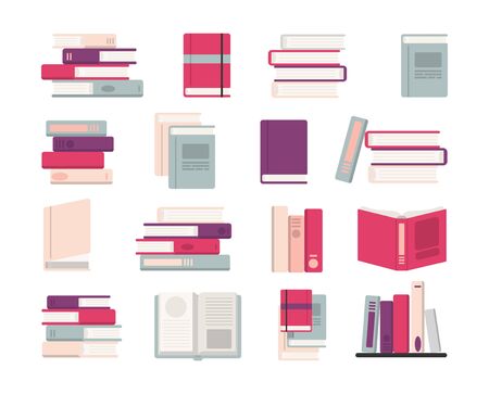 Multicolored books of various authors set vector illustration. Collection consists of number of piles of different sources of knowledge flat style concept. Isolated on white backgroundのイラスト素材