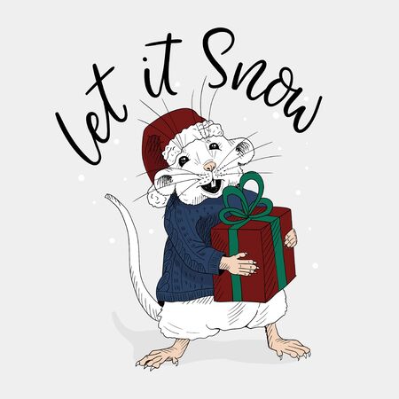 Let it snow festive christmas winter card vector illustration. Greeting christmas congratulation with calligraphic font and mouse holding gift flat style. Isolated on light background with snowflakesのイラスト素材